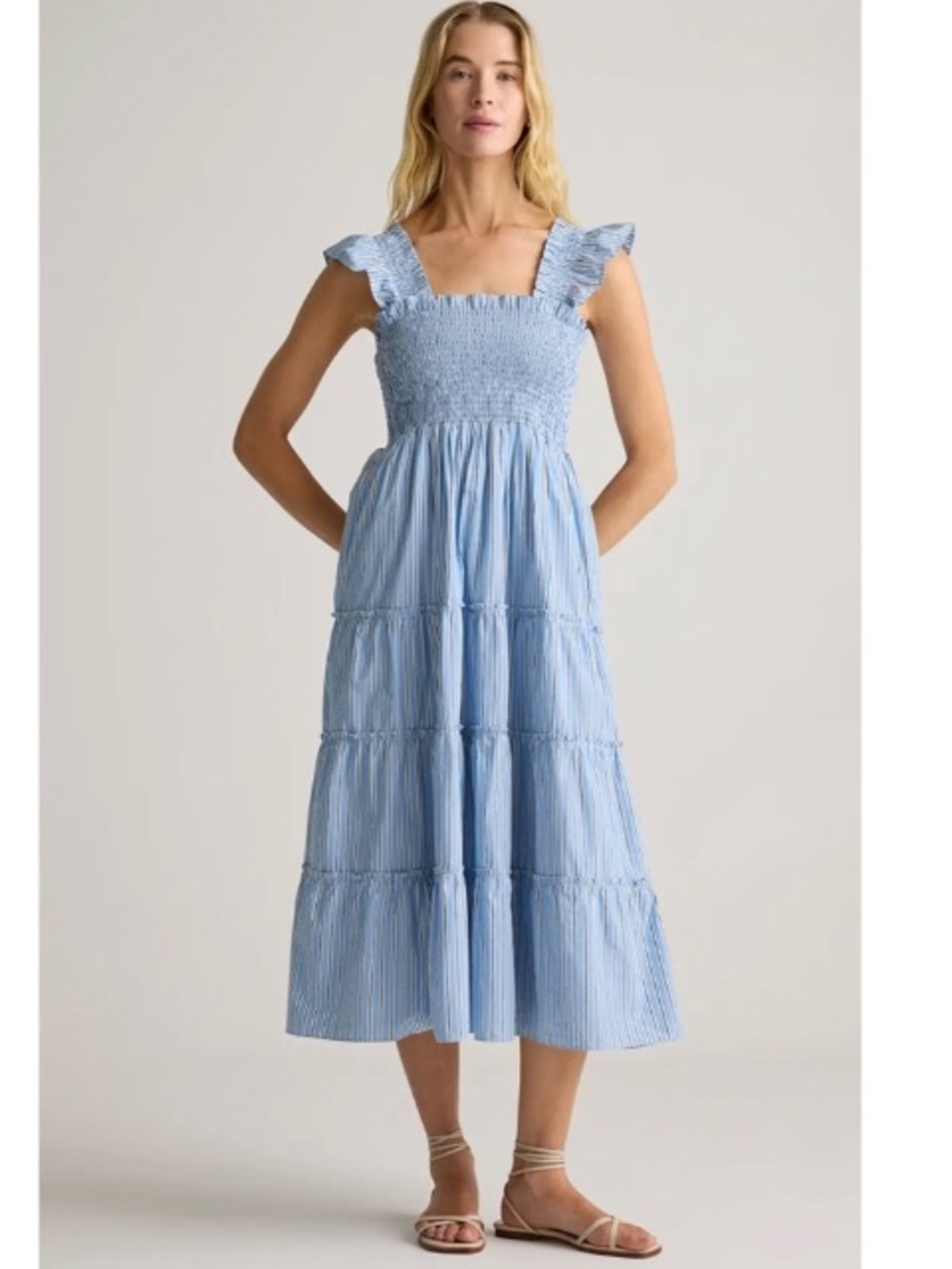 NWOT Quince 100% Organic Cotton Striped Smocked Tiered Maxi Dress Blue Large